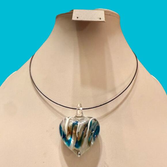Unique Artisan Glass Heart-Shaped Blue White & Gold Pendant - Picture 3 of 8
